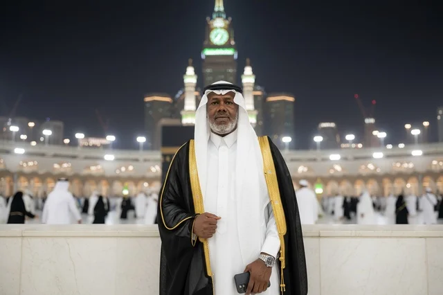 رجل سعودي في المسجد الحرام بمكة مع برج الساعة
