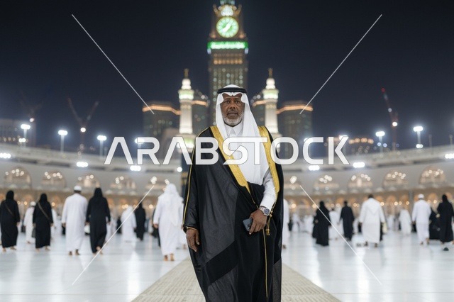 رجل سعودي في المسجد الحرام بمكة المكرمة ليلاً