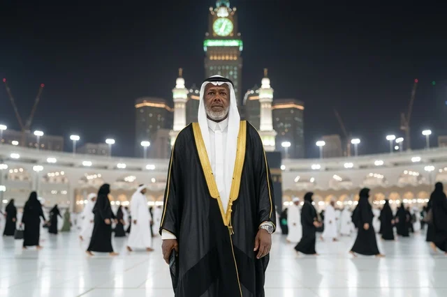 رجل سعودي بالبشت في المسجد الحرام بمكة ليلاً
