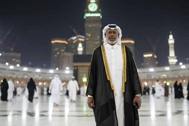 رجل سعودي يرتدي البشت التقليدي في ساحة المسجد الحرام بمكة