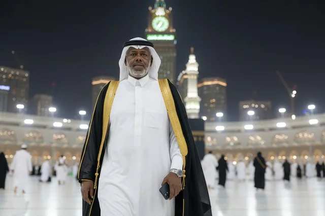 رجل سعودي في المسجد الحرام بمكة ليلاً