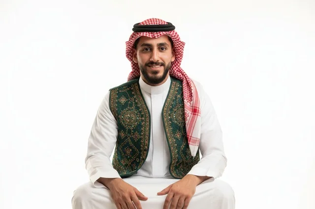 Saudi Man in Traditional Embroidered Vest and Thobe