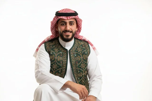 رجل سعودي باللباس التقليدي والصديري الأخضر