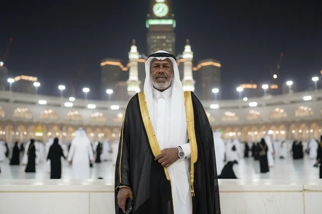 رجل سعودي بالبشت التقليدي في المسجد الحرام بمكة