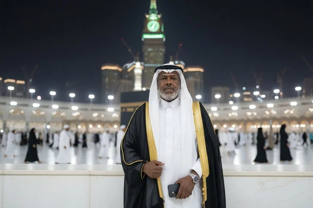 Saudi Man in Bisht at Makkah Grand Mosque Night