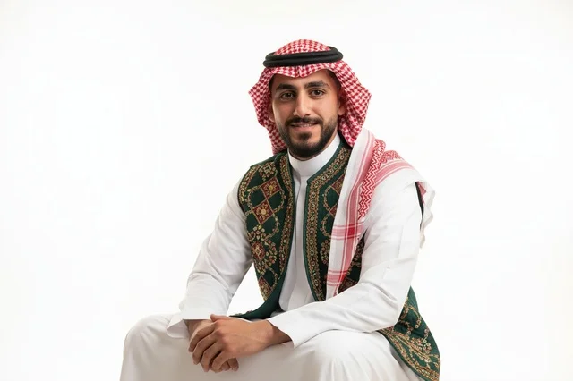 رجل سعودي بالثوب والشماغ والدقلة الخضراء المطرزة