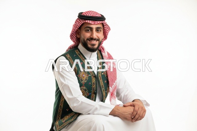 رجل سعودي بالثوب التقليدي وصدرية السدو التراثية