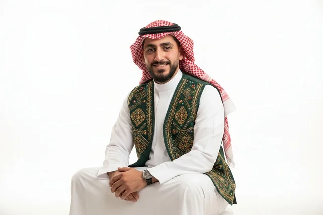 رجل سعودي بالزي التقليدي والصديري المطرز