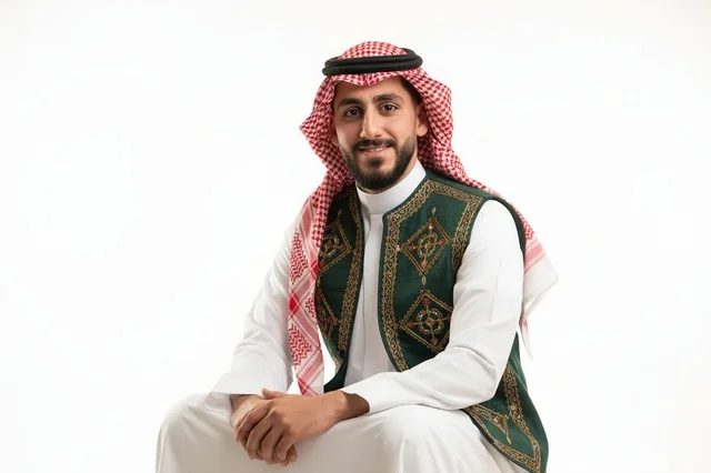 رجل سعودي بالزي التقليدي والسديري المطرز