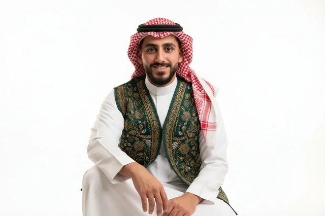 رجل سعودي يرتدي صدرية خضراء مطرزة باللون الذهبي