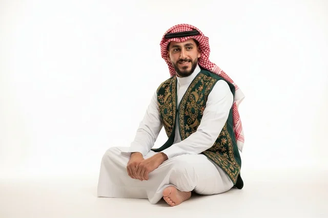 رجل سعودي بالزي التقليدي وصديري مطرز
