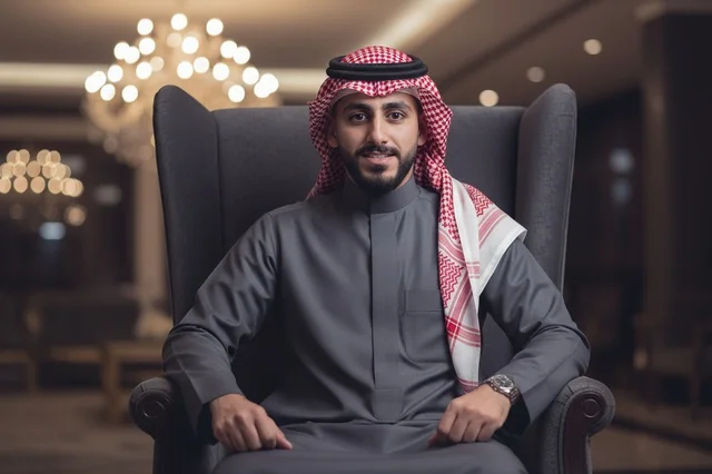 Saudi Man in Traditional Thobe Sitting in Indoor Lounge