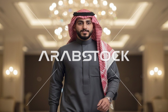 رجل سعودي بالثوب الرمادي والشماغ التقليدي