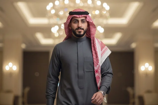A Saudi man in a gray thobe and traditional shemagh.