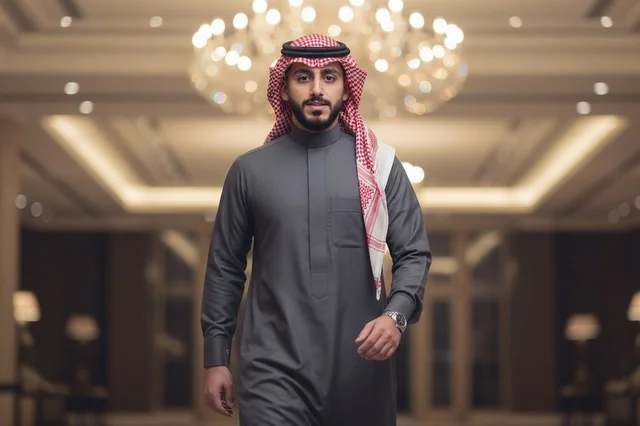 رجل سعودي يرتدي الثوب التقليدي في ردهة فندق فاخرة