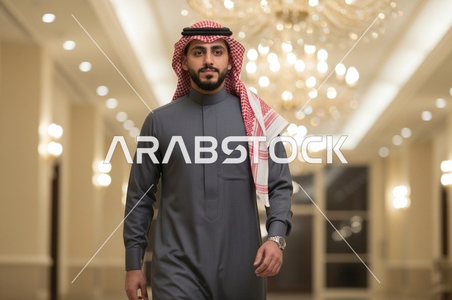 رجل سعودي بالزي التقليدي يمشي في ردهة فاخرة