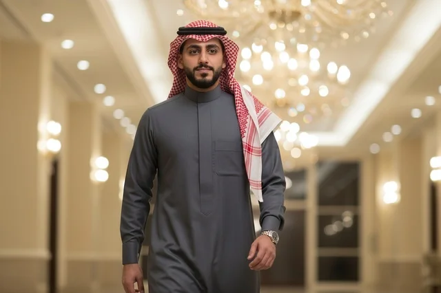 رجل سعودي بالزي التقليدي يمشي في ردهة فاخرة