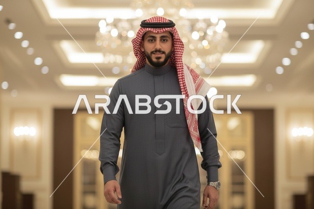 رجل سعودي بالثوب الرمادي والشماغ التقليدي