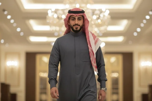 رجل سعودي بالثوب الرمادي والشماغ التقليدي