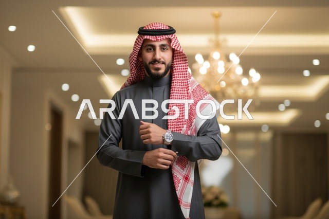 رجل سعودي بالثوب الرمادي والشماغ التقليدي
