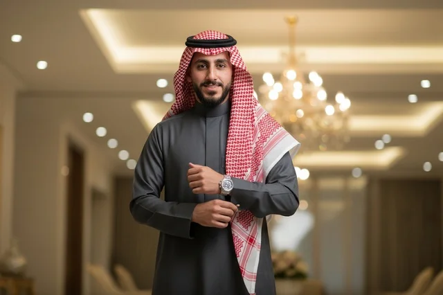 رجل سعودي بالثوب الرمادي والشماغ التقليدي