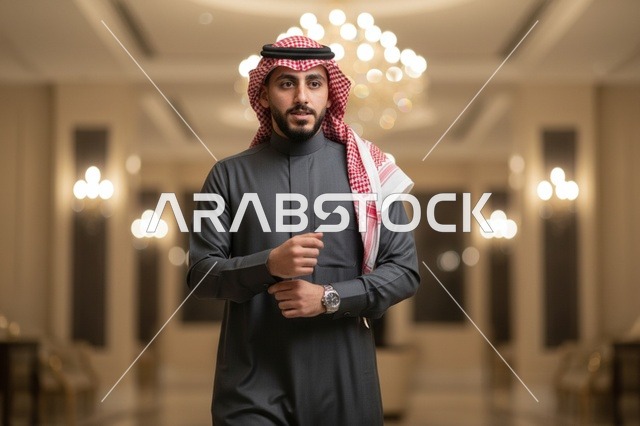 رجل سعودي بالثوب الرمادي والشماغ التقليدي