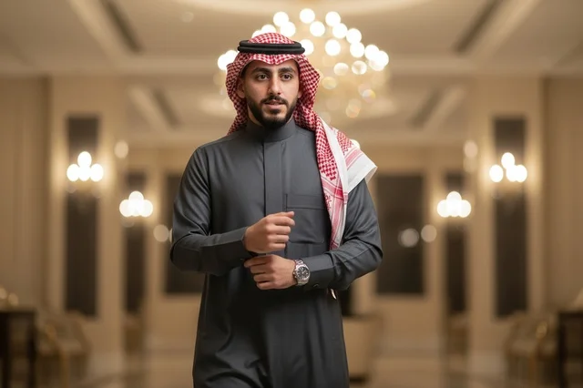 A Saudi man in a gray thobe and traditional shemagh.