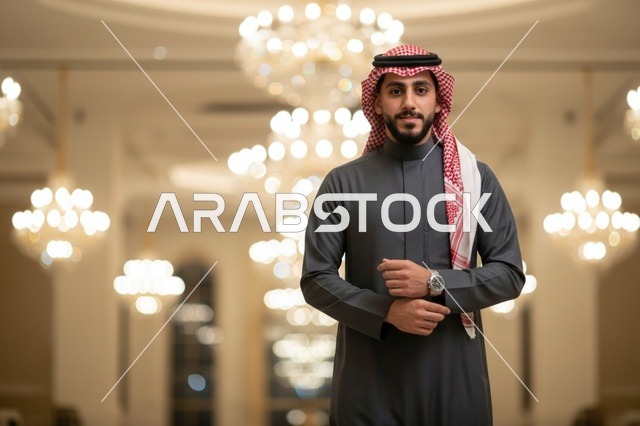 رجل سعودي بالثوب الرمادي والشماغ التقليدي
