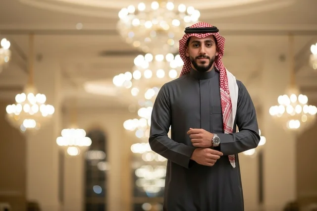 رجل سعودي بالثوب الرمادي والشماغ التقليدي
