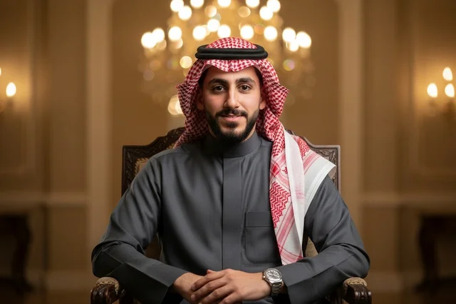 A Saudi man in a gray thobe and traditional shemagh.