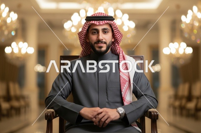 رجل سعودي بالثوب الرمادي بورتريه رسمي في قاعة فاخرة