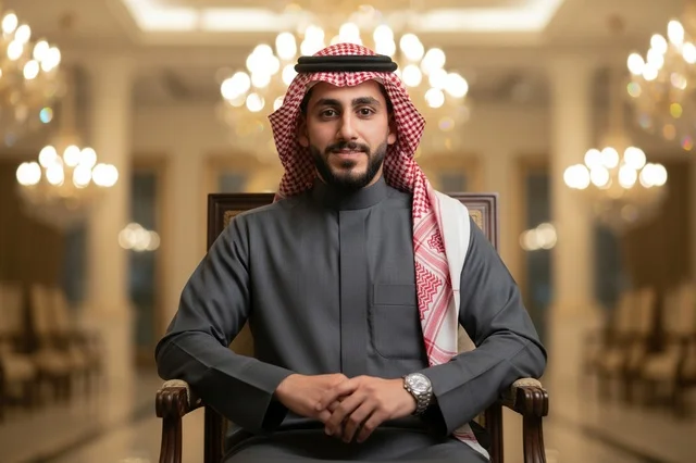 Saudi Man in Grey Thobe Formal Portrait Indoor