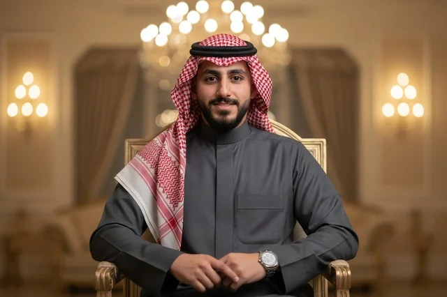 رجل سعودي بالزي التقليدي في خلفية فاخرة