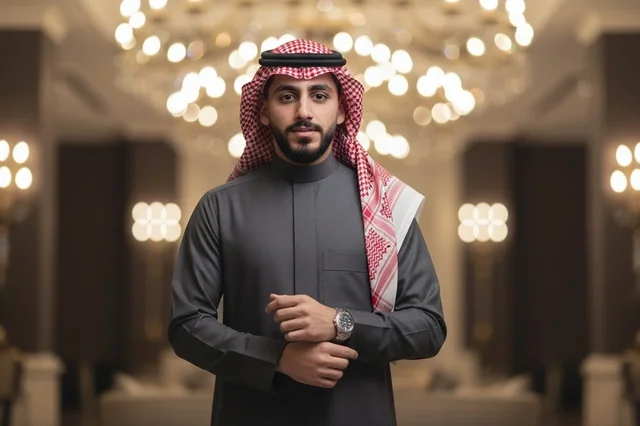 رجل سعودي بالثوب الرمادي والشماغ التقليدي