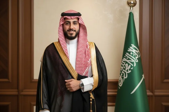 Saudi Man in Traditional Bisht with Saudi Flag