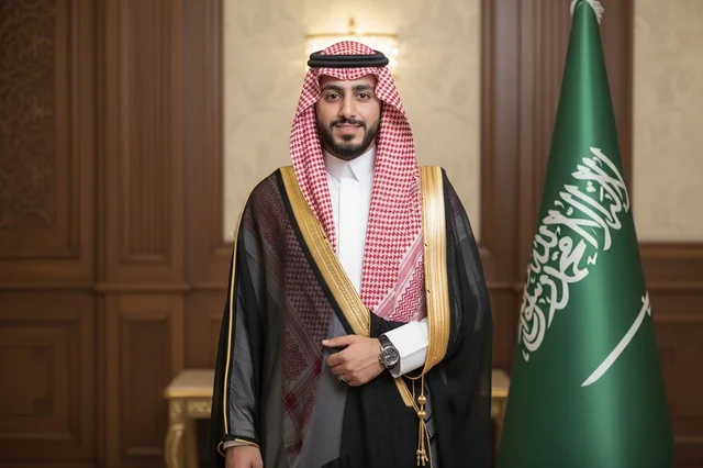 رجل سعودي بالزي الرسمي والبشت بجوار علم السعودية