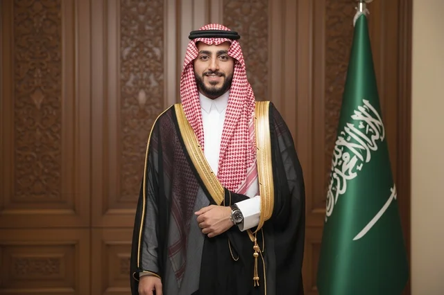 رجل سعودي بالبشت التقليدي يقف بجانب علم السعودية