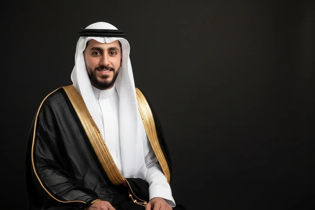 رجل سعودي بالزي الرسمي التقليدي والبشت الأسود
