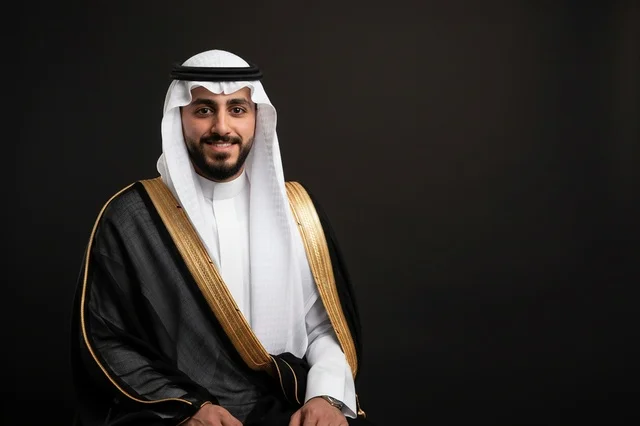 رجل سعودي بالبشت الأسود والغترة البيضاء الرسمية