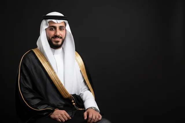رجل سعودي يرتدي البشت الأسود والثوب التقليدي