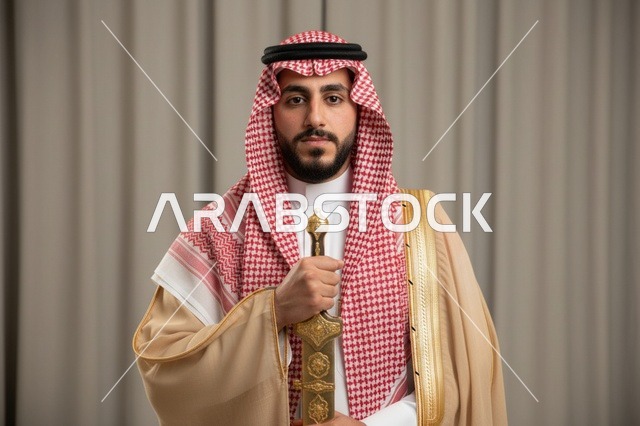 رجل سعودي بالبشت التقليدي يحمل خنجراً ذهبياً