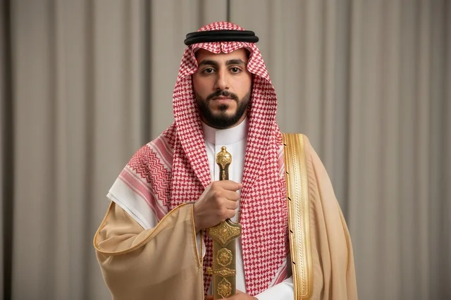 رجل سعودي بالبشت التقليدي يحمل خنجراً ذهبياً