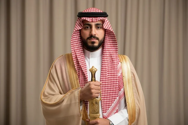 Saudi Man in Traditional Bisht Holding Golden Dagger