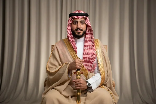 Saudi Man in Traditional Bisht Holding Sword