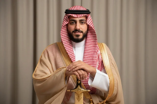 Saudi Man in Traditional Bisht Holding Gold Sword