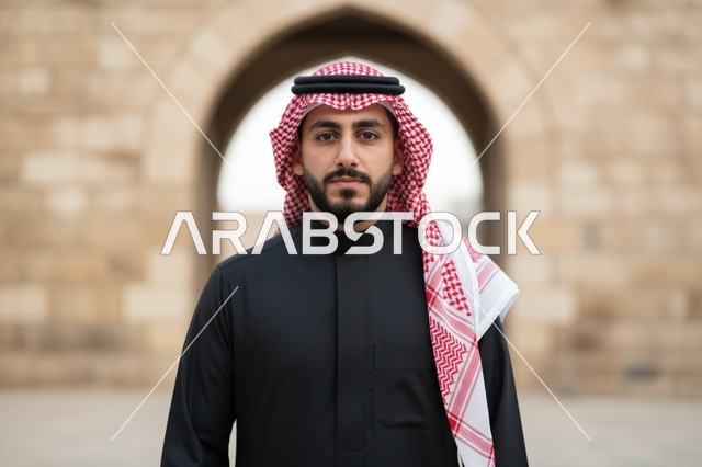 رجل سعودي بالثوب الأسود أمام خلفية تراثية