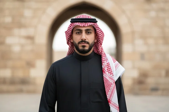 Saudi Man in Black Thobe with Heritage Background