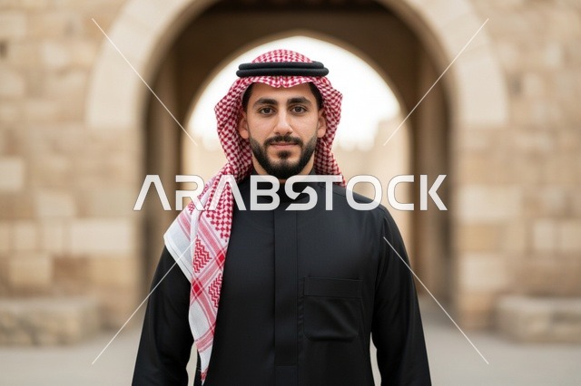 رجل سعودي بالثوب الأسود والشماغ الأحمر أمام بوابة أثرية
