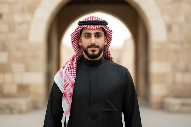 Saudi Man in Black Thobe and Red Shemagh Portrait