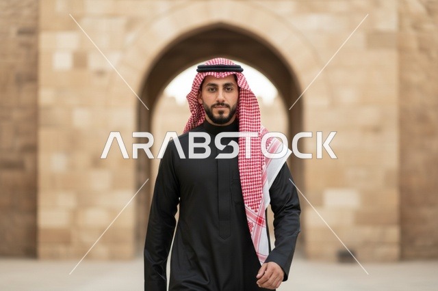 رجل سعودي بالثوب الأسود أمام قوس حجري تراثي